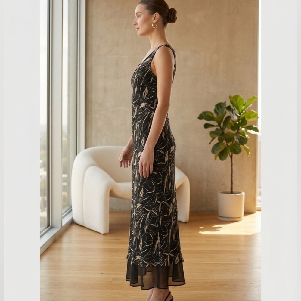 ICE 100% Silk Maxi Dress Vintage 90s Y2K Floral Leaf Print Chiffon Hem Glam 12 - Picture 2 of 7
